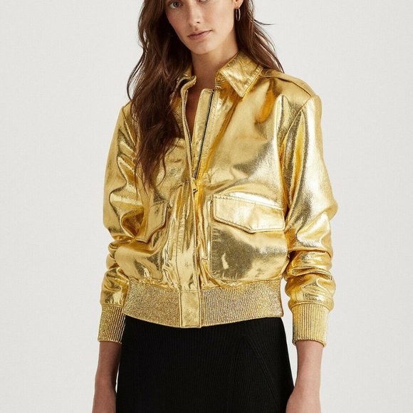 Ralph Lauren Gold Metallic Genuine Leather Bomber Jacket Women's Size P-Large - Picture 5 of 11